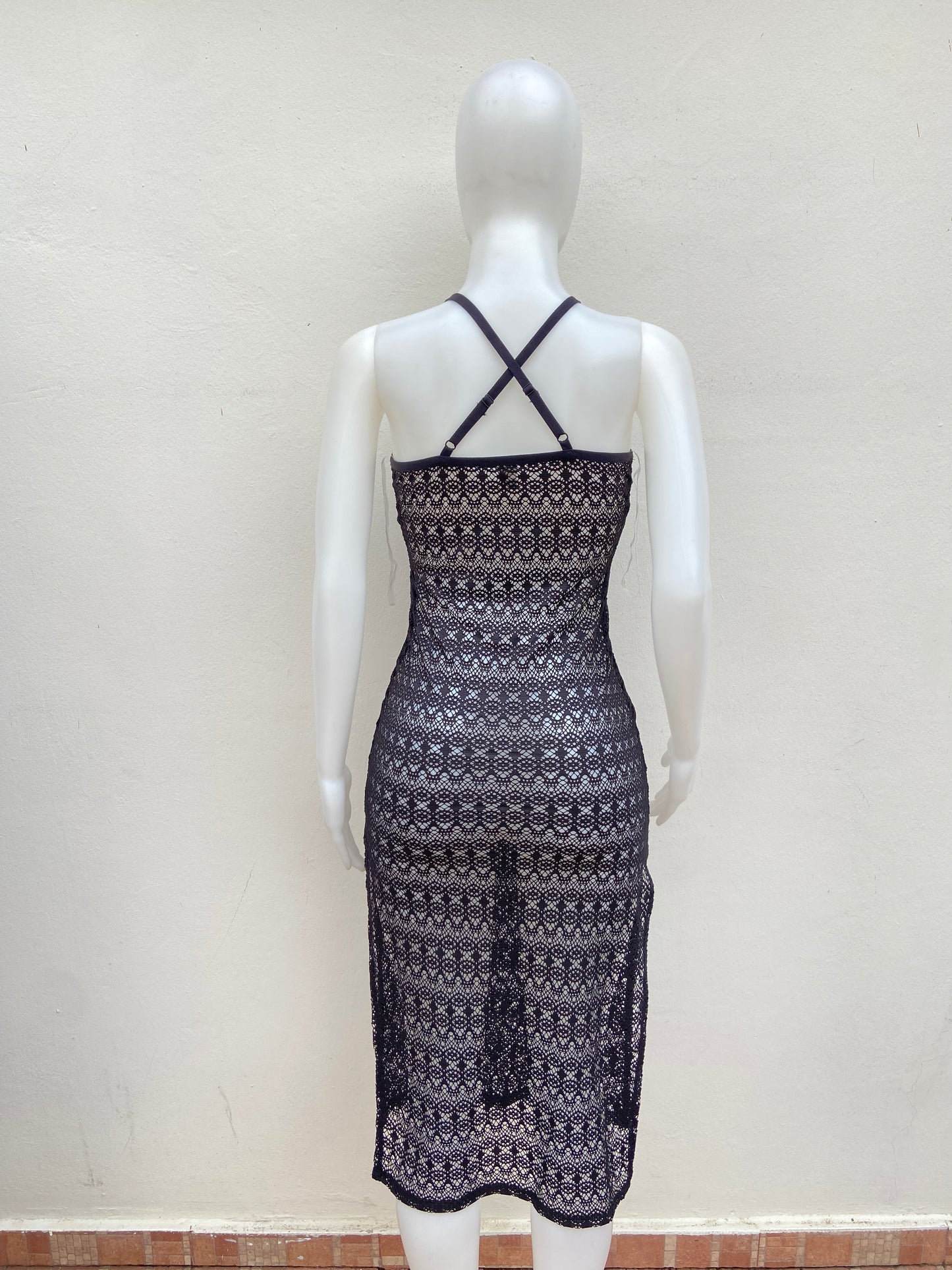 Vestido/ salida de playa BOZZOLO original negro con lazos ajustables, largo.