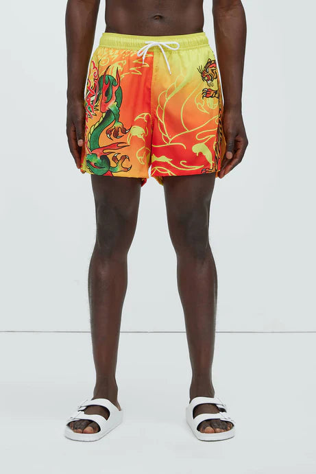 Bañador/Baggy, ED HARDY original amarillo con naranja y estampado de un dragón.