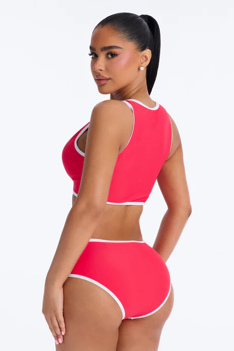Biquini, rojo con bordes en color blanco y zipper en frente, 2 piezas.