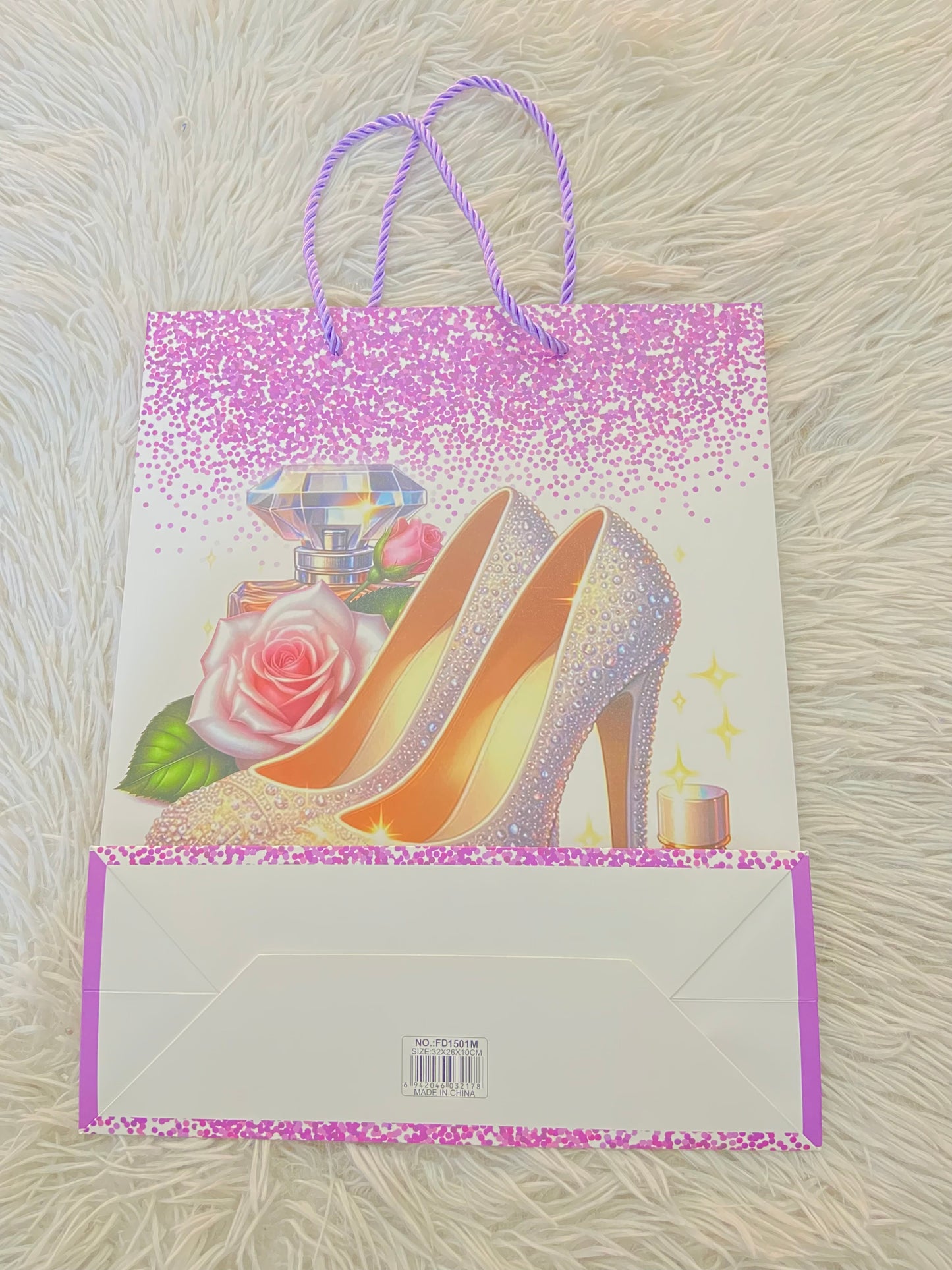 Shopping, morado con tacones y flores, MEDIANO.