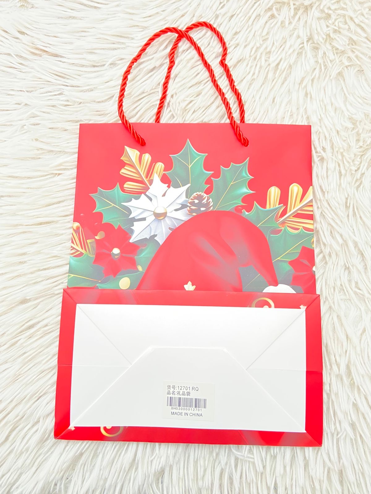 Shopping, rojo con estampado de gorro navideño, PEQUEÑO.