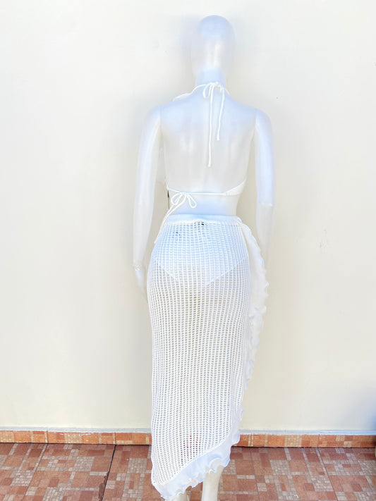 Conjunto, blanco de 3 piezas en crochet y flor en frente, playero.