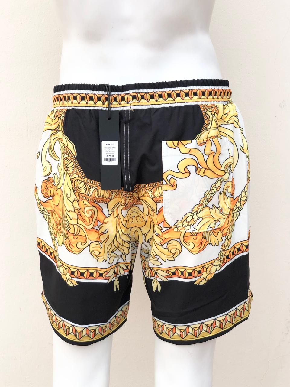 Bañador/Baggy, blanco con negro y diseño de cadenas dorada.