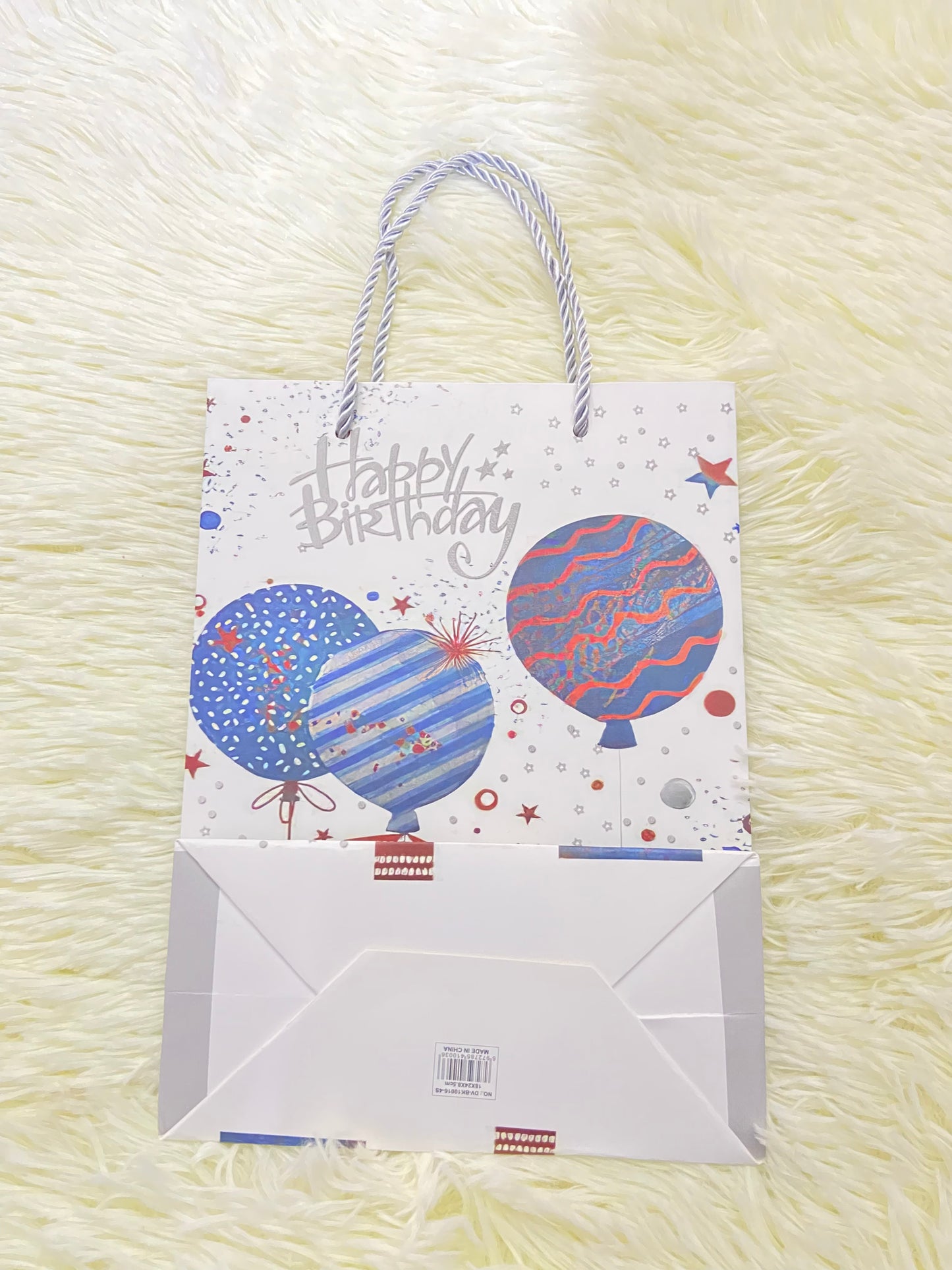 Shopping, blanco con estampado de globos y letras HAPPY BIRTHDAY en plateado, PEQUEÑO.