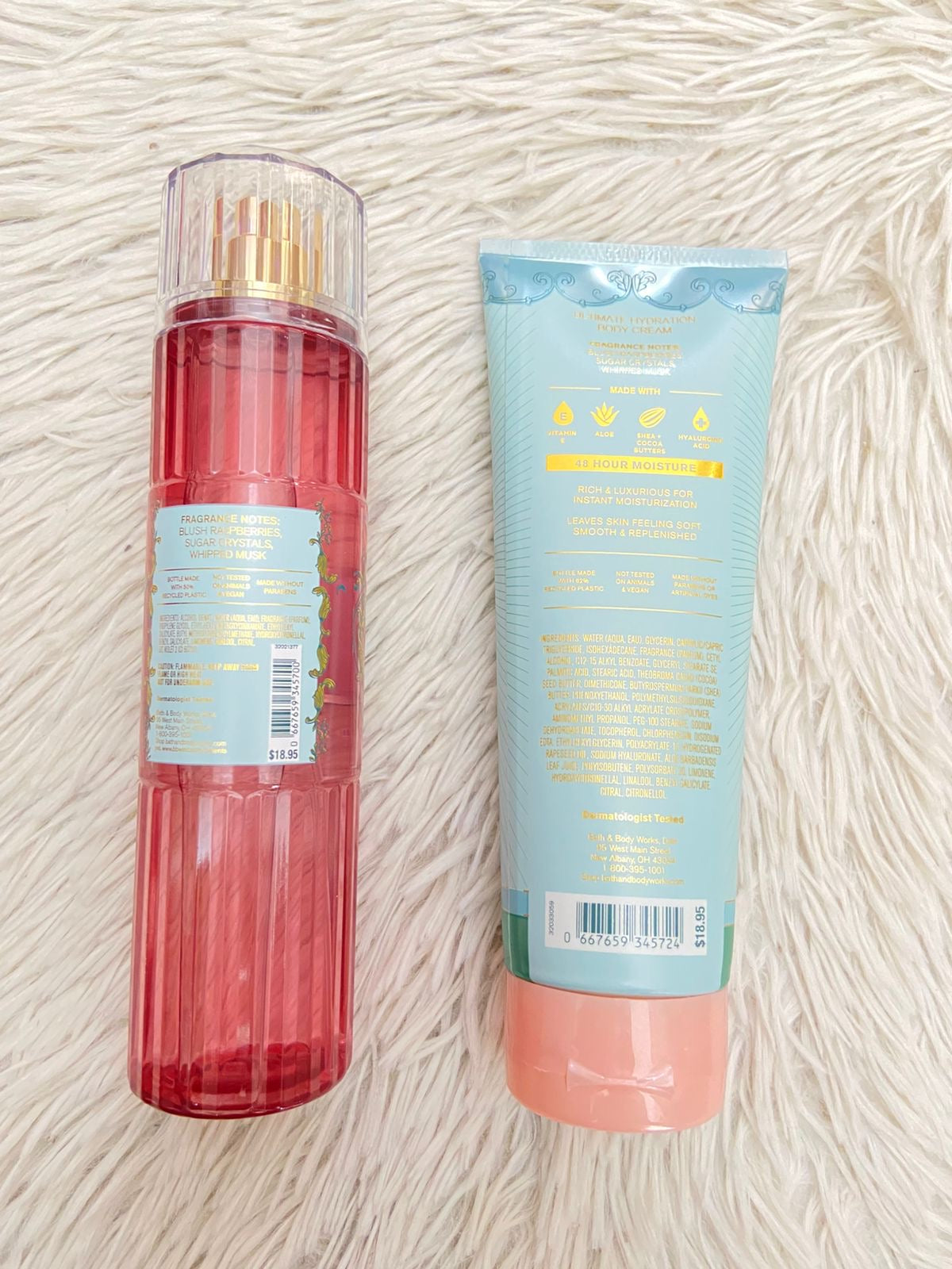 Set Bath & Body works original, SWEETEST SONG, azul turquesa con rosado, crema y colonia.