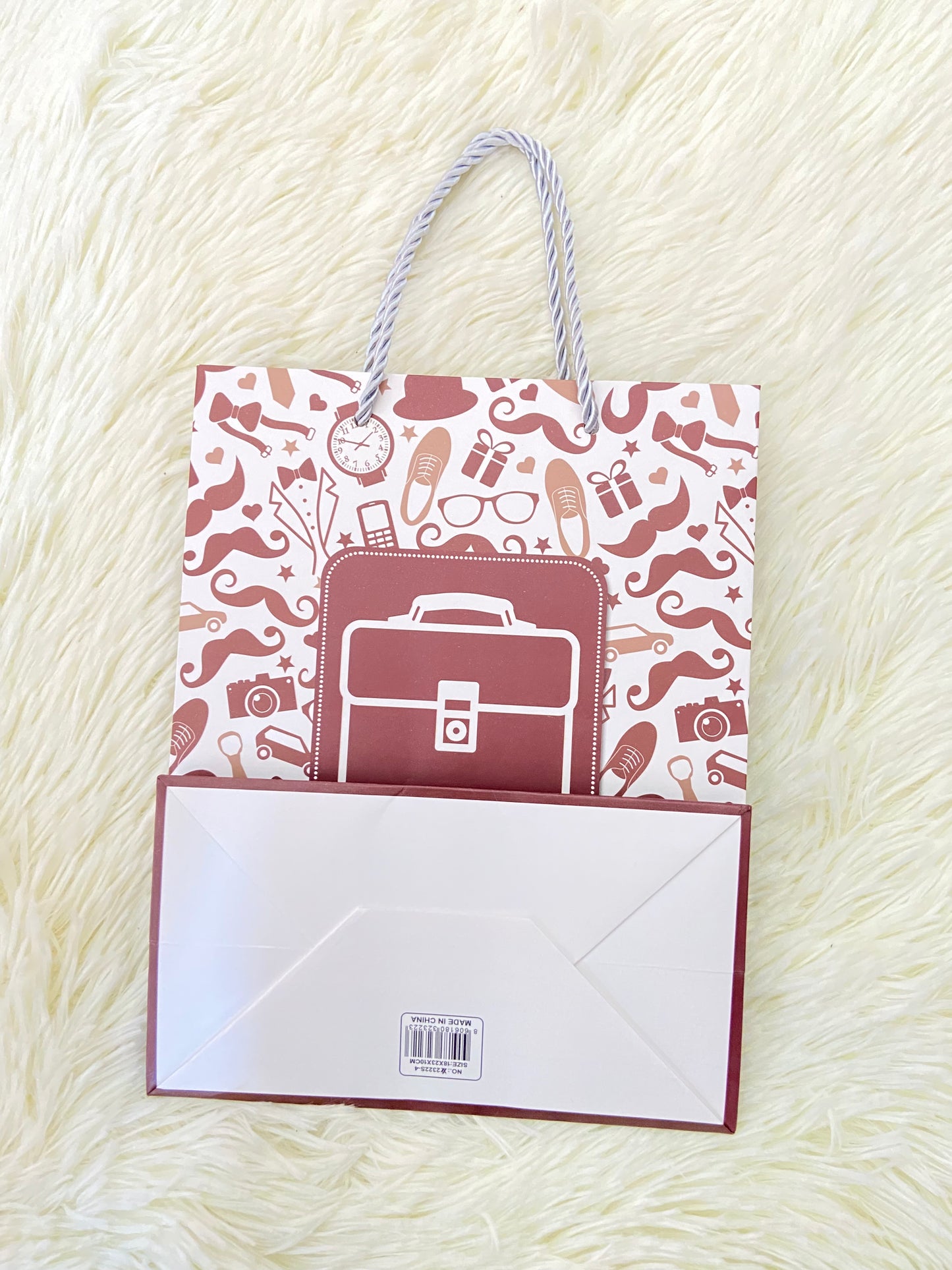 Shopping, blanco con marron y estampado de maletín, PEQUEÑO.