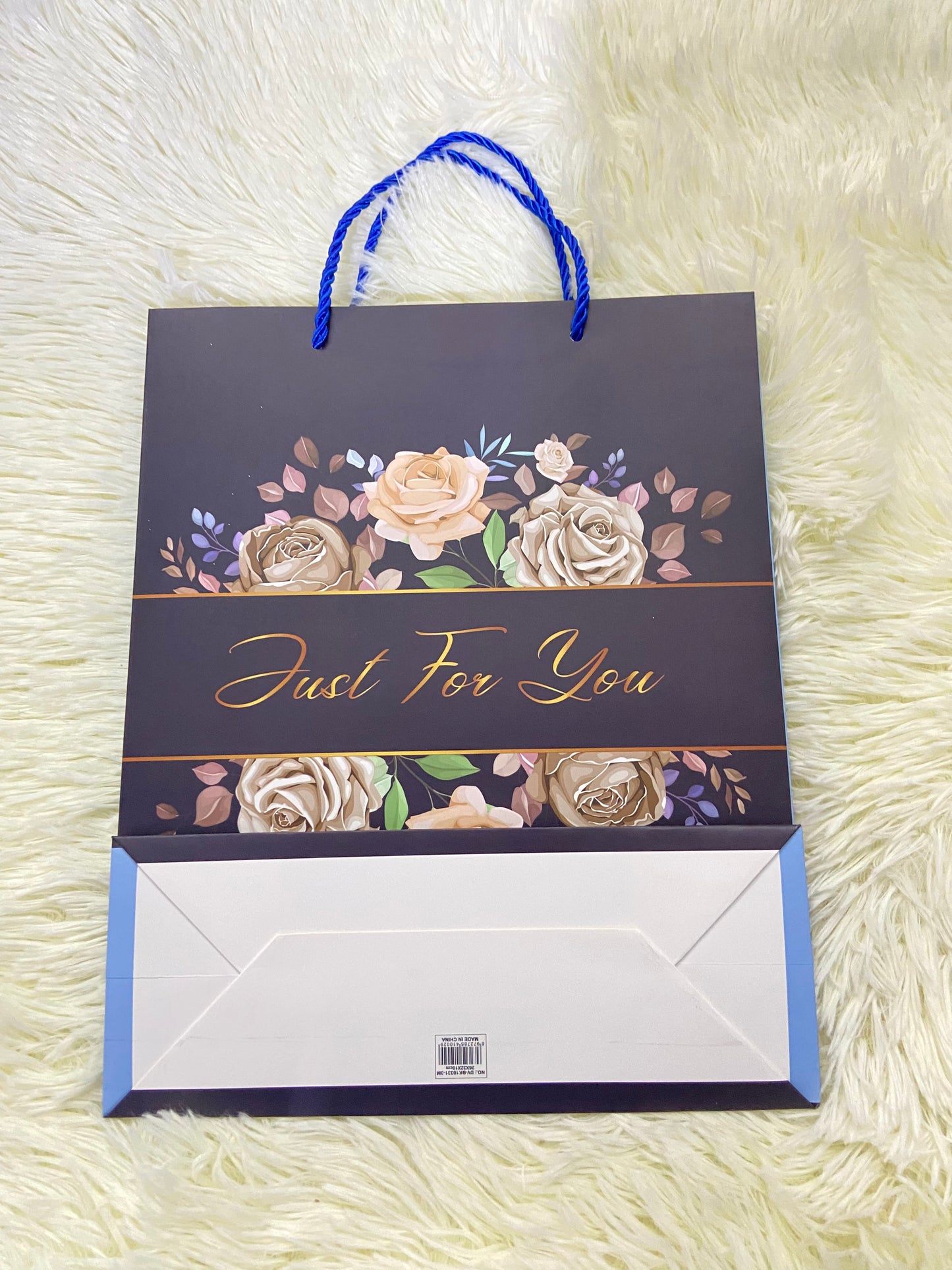 Shopping, negro con letras JUST FOR YOU y flores, MEDIANO.