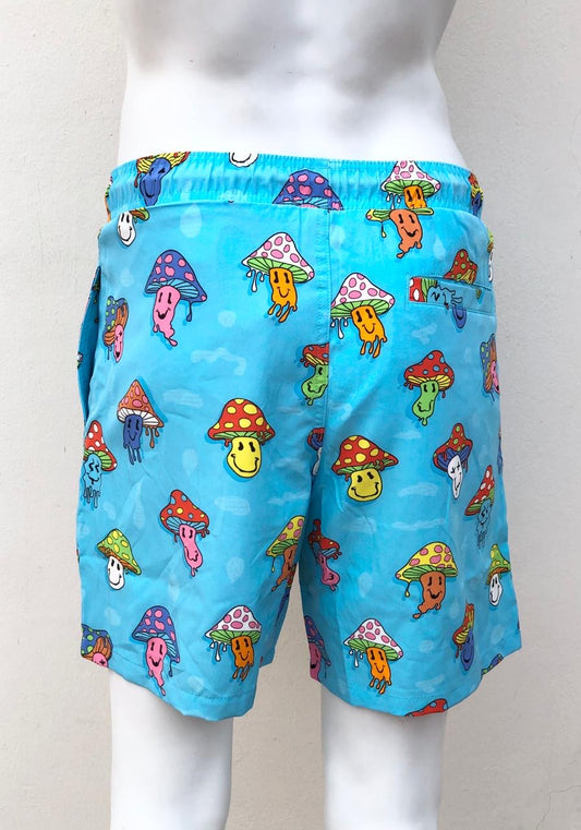 Bañador Baggy, azul con estampado de hongos de colores.