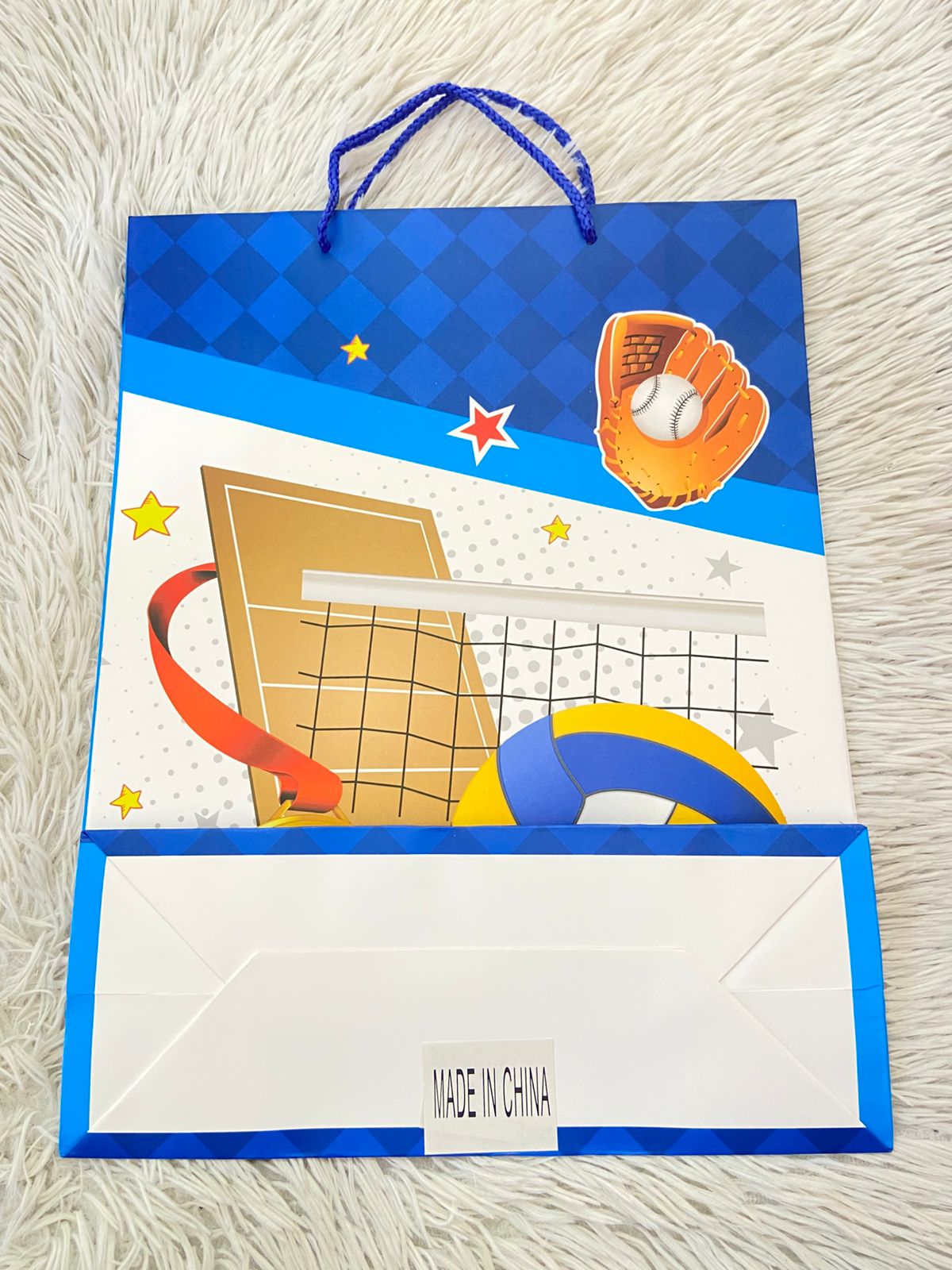 Shopping, azul con blanco y estampado de una pelota de voleibol, GRANDE.