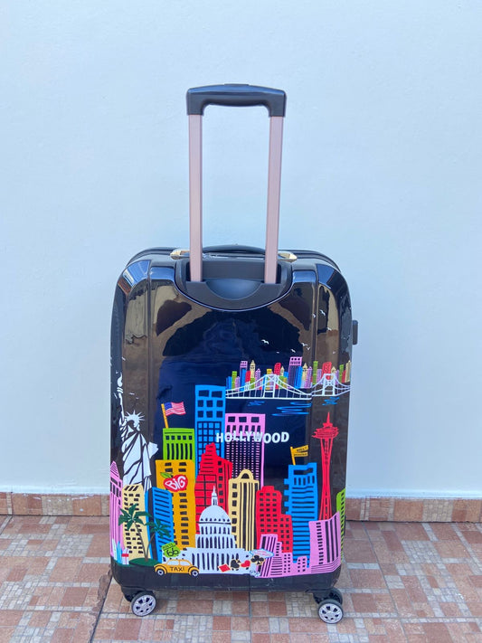 Maleta ROCKLAND original negra con la ciudad de HOLLYWOOD. Material ABS resistente al agua. Asa telescópica ajustable