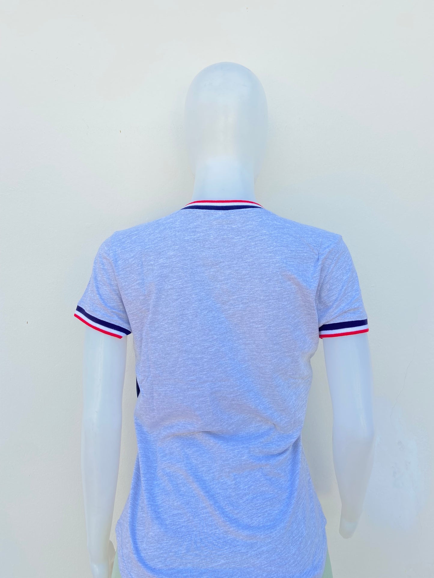 T-shirt U.S POLO ASSN. original en color gris con cuello V, logotipo de la marca al frente y banda en color azul marino, blanco y rojo en el cuello y mangas.