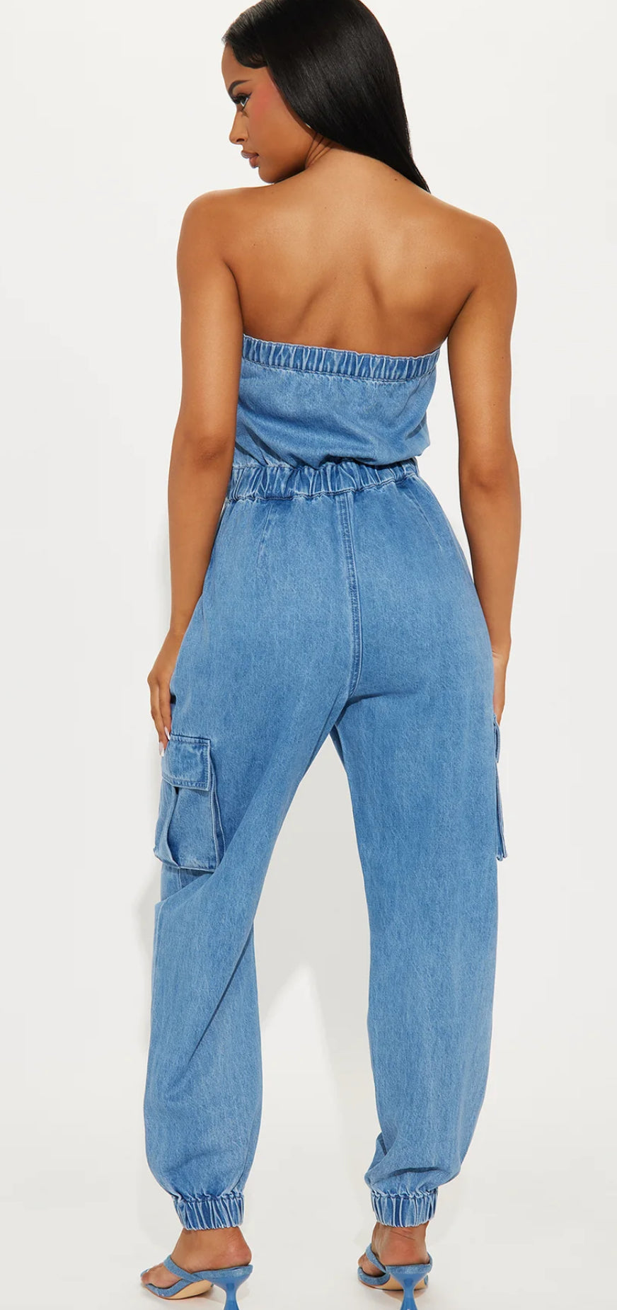 Enterizo/ Jumpsuit, azul claro Jean con lazos ajustables, strapless.