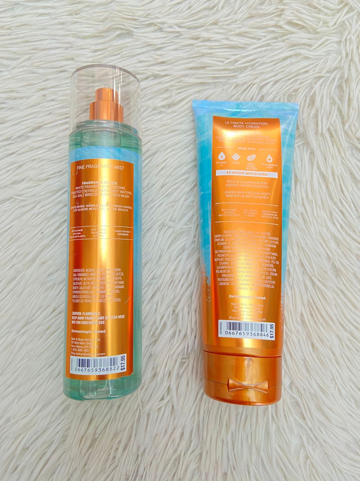 Set Bath & Body works original, AT THE BEACH, azul con dorado, crema y colonia.