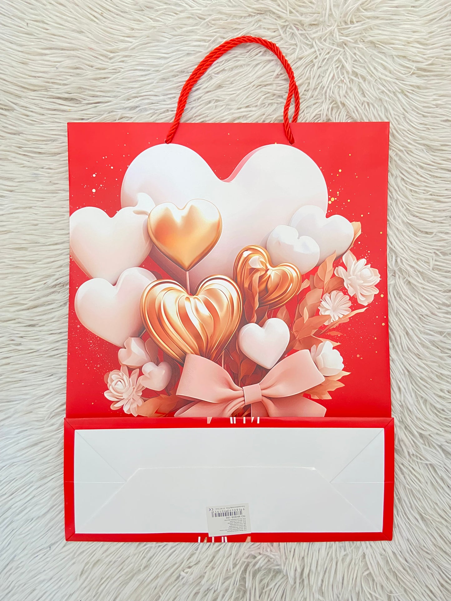 Shopping, rojo con estampado de corazones en rosa, GRANDE.