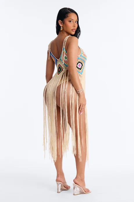 Cover Up/ Vestido, crema con tiras largas y bordado en crochet multicolor.