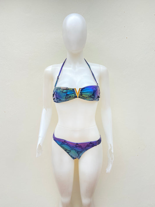 Biquini MERMAID SWIMMEAR original azul marino con destellos en color verde y estampado de animal print más placa V en dorado, 2 piezas.