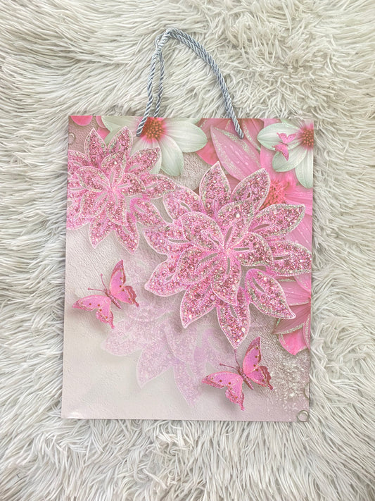 Shopping Gris con Flores rosadas y mariposas con brillo.