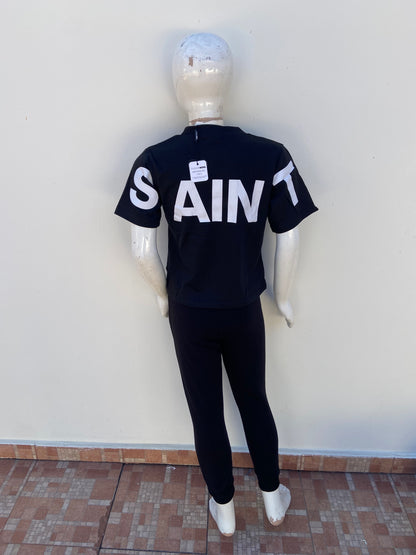 Conjunto, negro con letras en color blanco, SAINT SINNER.