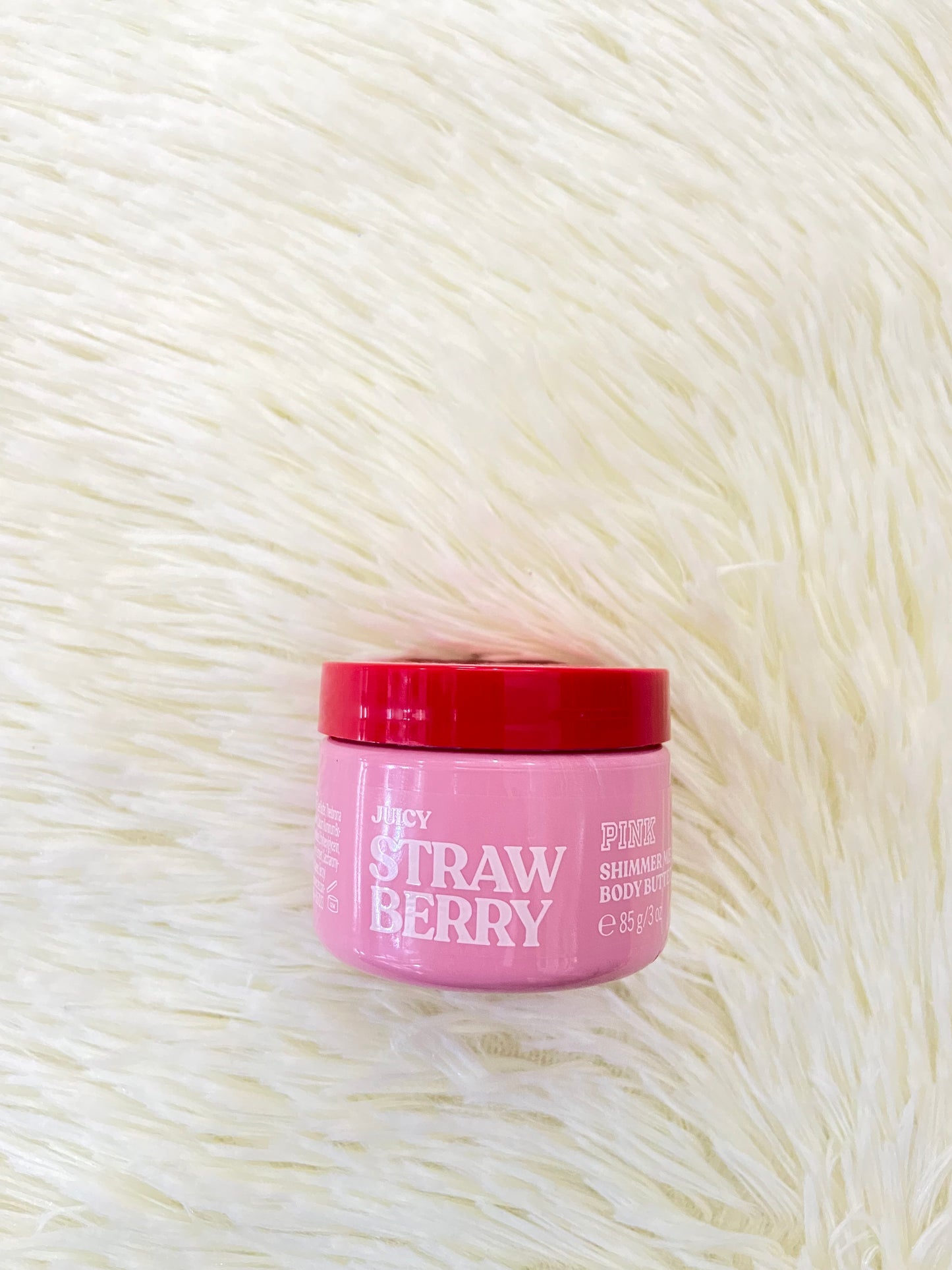 Pack PINK original, de colonia, aceite y crema minis, rojo, JUICY STRAWBERRY, con brillitos. Más el bolso