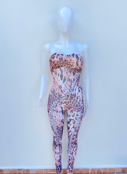 Enterizo, Marron con estampado de animal print, strapless.