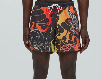 Bañador/Baggy, ED HARDY original negro con estampado de lava, leopardo en color naranja y rojo.