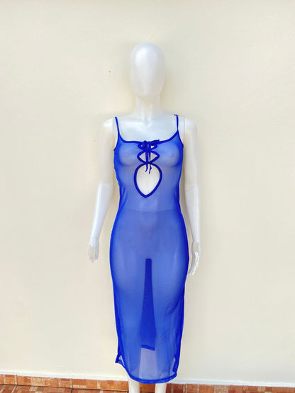 Vestido/ Cover up, azul transparente con abierto en la parte de enfrente, largo.