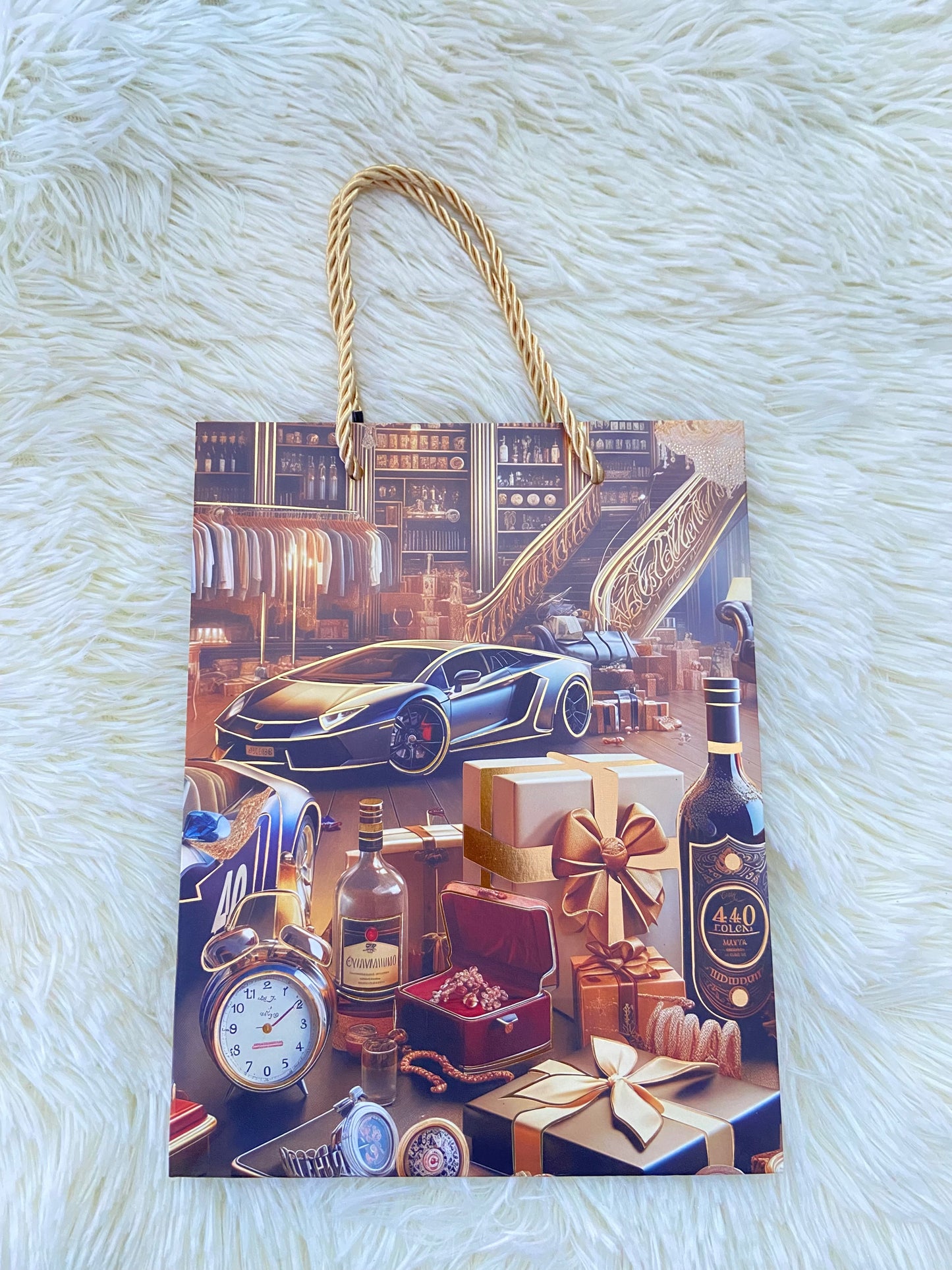 Shopping, marron con estampado de carro y botellas, PEQUEÑO.
