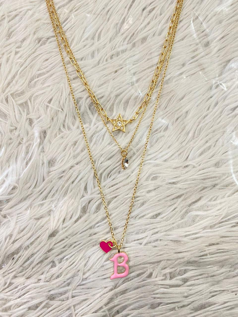 Cadena Forever 21 original, de 3 piezas, con la inicial de tu nombre en rosado, con estrella y corazón. Letras de I O C N T E D B y K disponibles