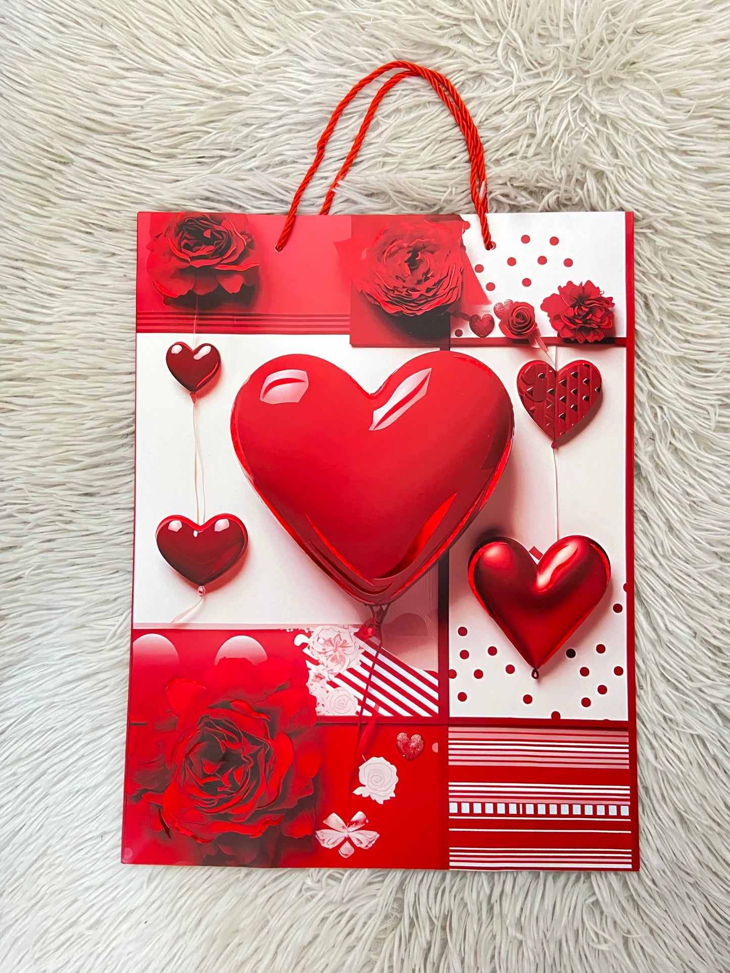 Shopping, rojo con blanco y estampado de corazón rojo, GRANDE.
