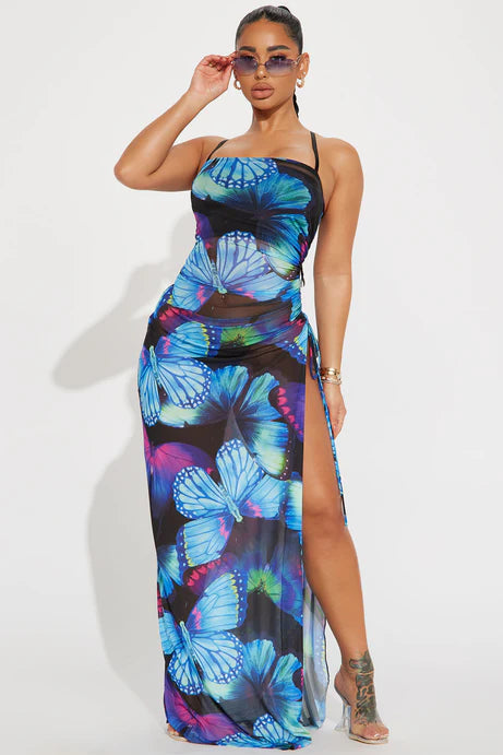 Vestido , puede utilizar como Coverup de playa también, azul con estampado de mariposa, con lazo ajustable y abierto abajo, largo.