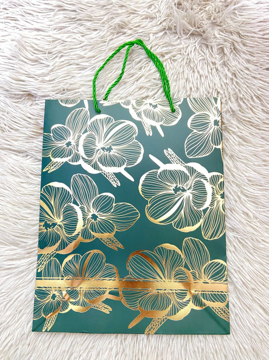 Shopping verde con estampado de flores en color dorado y lazos verde, MEDIANO.