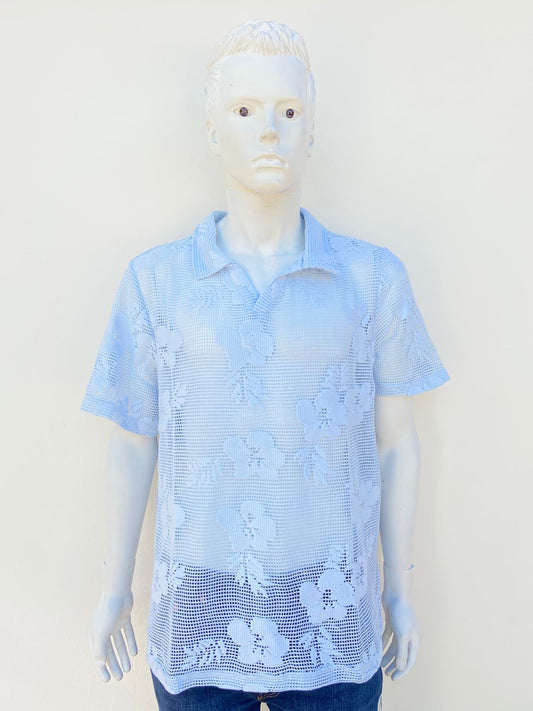 Camisa/ Polocher en color azul de mayas, diseño floral ( encaje ) en el tejido y cuello sin botones