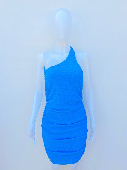 Vestido Azul con la espalda descubierta y estilo encogido en los lados