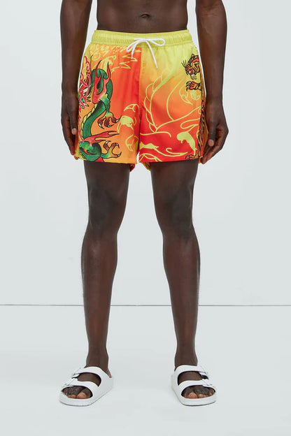 Bañador/Baggy, ED HARDY original amarillo con naranja y estampado de un dragón.