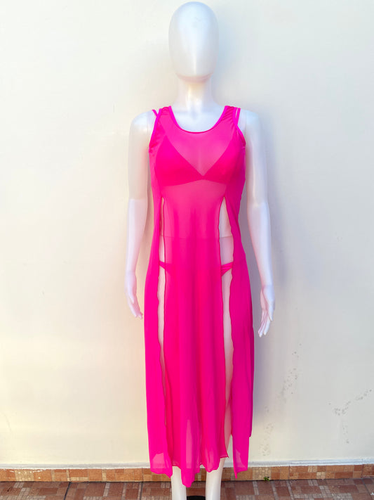 Biquini Fashion Nova original rosado, de 3 piezas y salida estilo vestido.