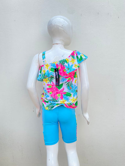 Conjunto GIRLS original, azul con estampado de rosas azules y rosadas.
