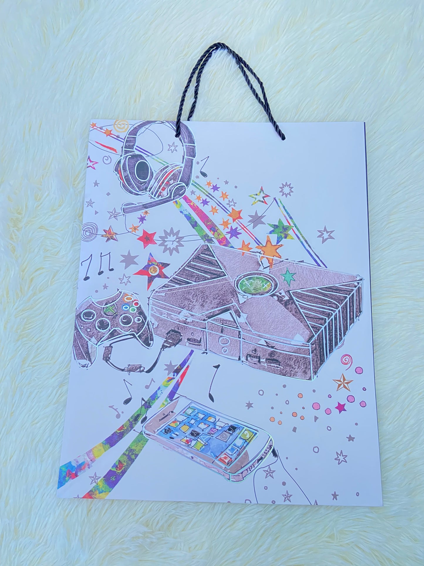 Shopping, blanco con estampado de una caja de música, GRANDE.