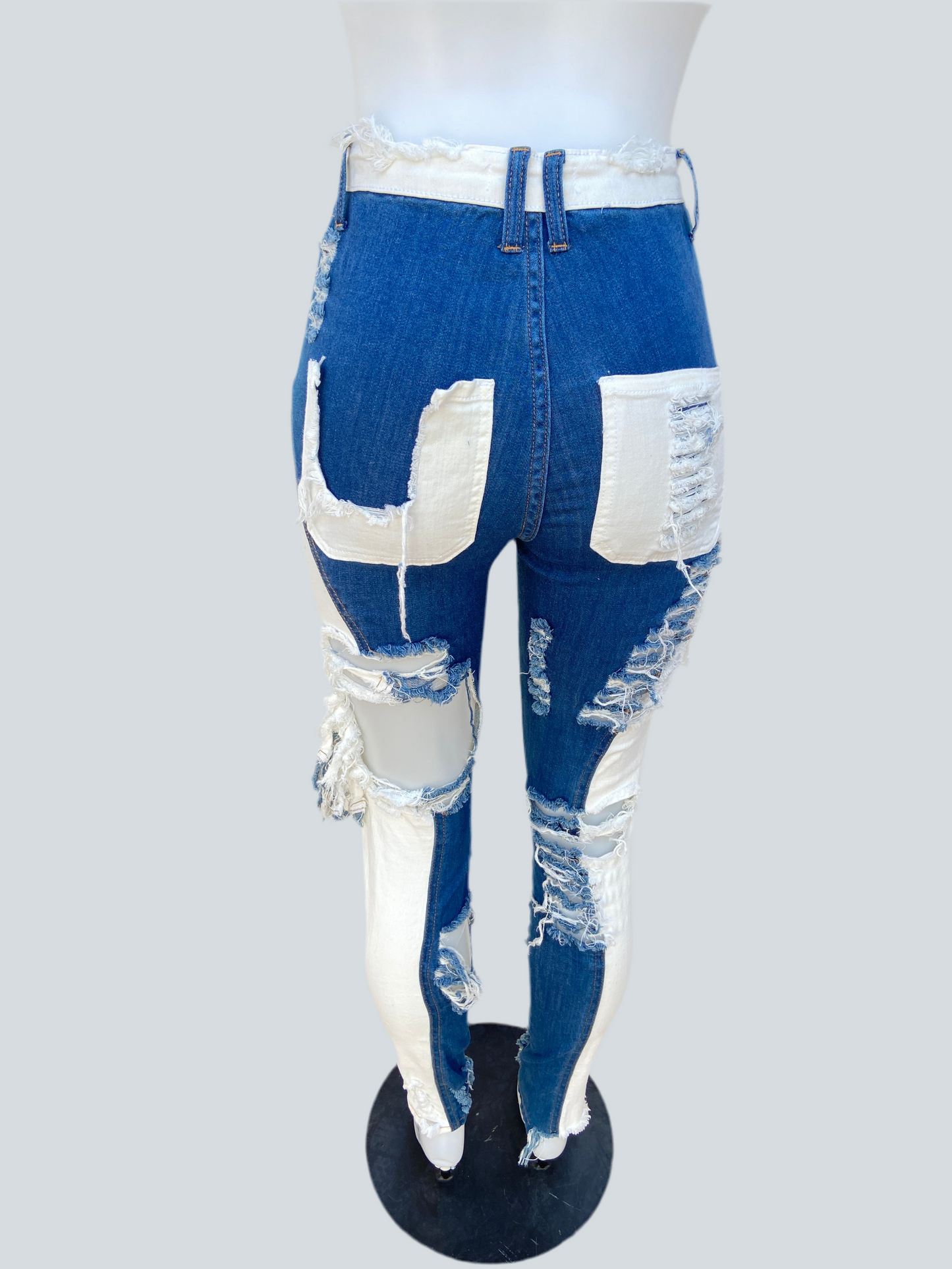 Pantalon Jean Fashion Nova original azul marino y blanco con rasgados