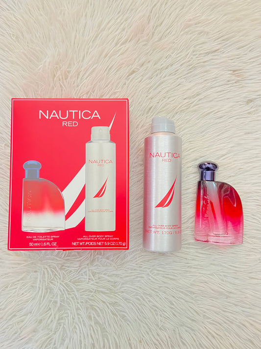Set NAUTICA RED original, con desodorante y perfume en color rojo y plateado.