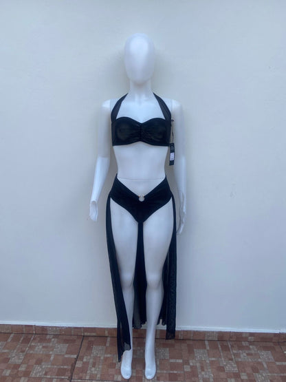 Biquini Conjunto dos piezas de playa festival, negro transparente con salida de playa integrada.