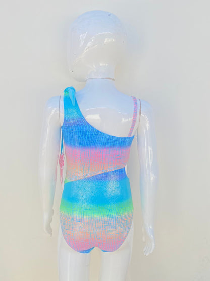 Biquini Traje de baño  niñas Limited Too original azul aqua con rompes en, rosado, verde con brillos.