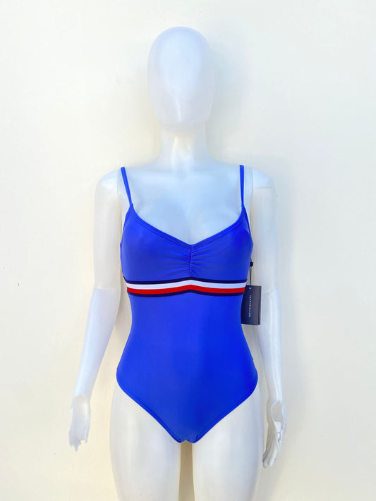 Biquini TOMMY HILFIGER original, azul rey, con líneas en color rojo y blanco.