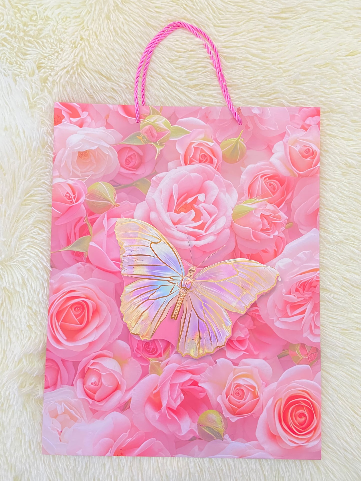 Shopping, rosado con estampado de mariposa y flores, GRANDE.