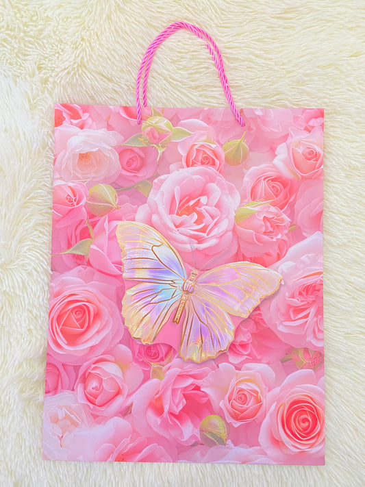 Shopping, rosado con estampado de mariposa y flores, GRANDE.