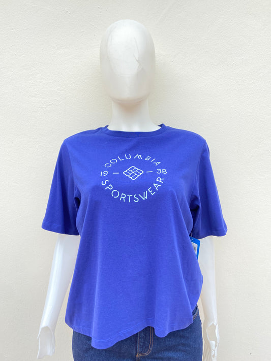 Top mujer 100% algodón Columbia original azul oscuro con letras de la marca en frente.