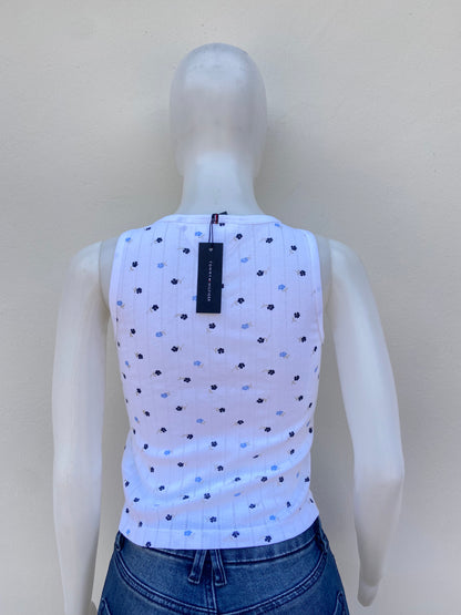 Franela/ Top TOMMY HILFIGER original, blanco con estampado de flores azules.