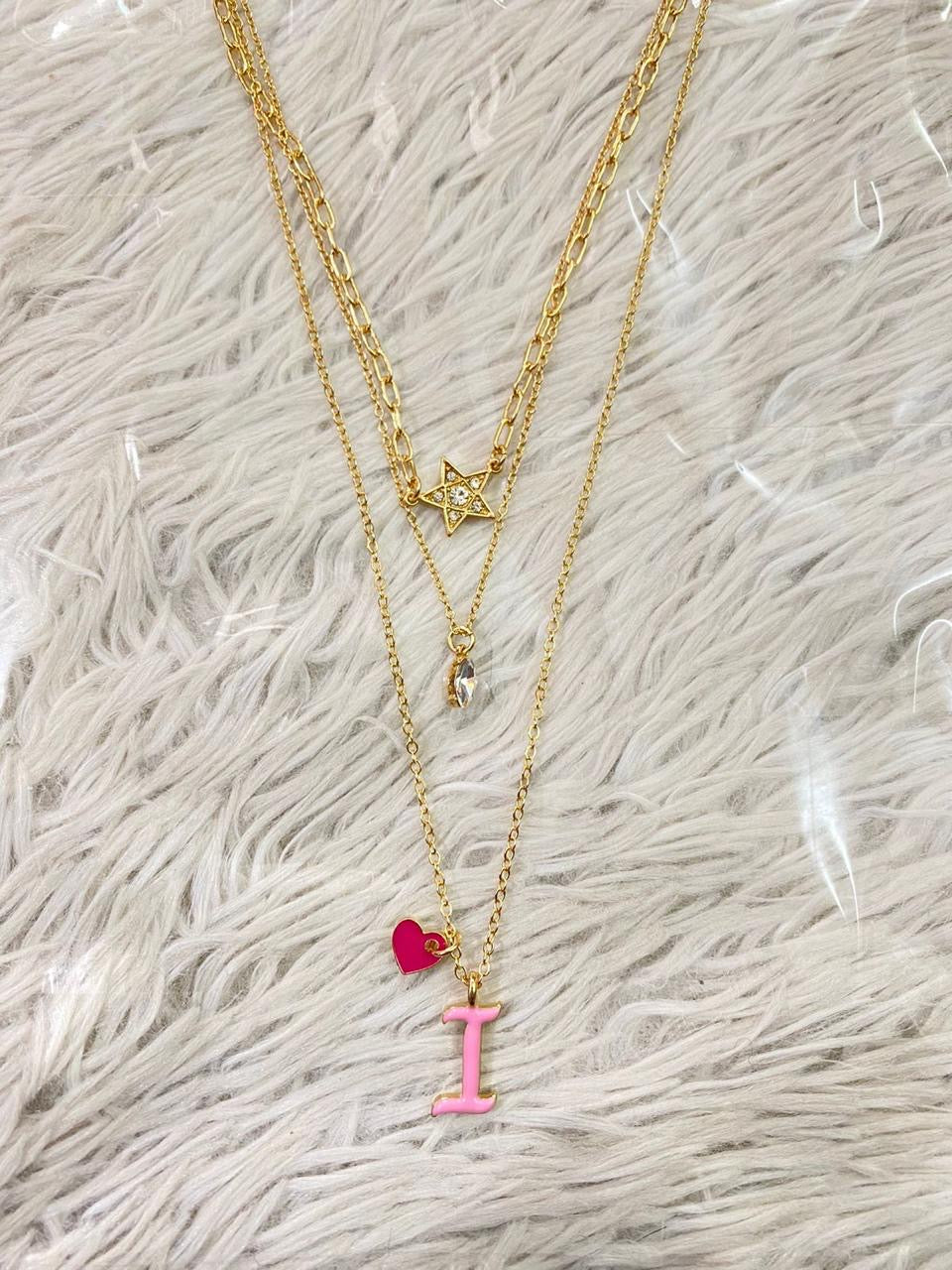 Cadena Forever 21 original, de 3 piezas, con la inicial de tu nombre en rosado, con estrella y corazón. Letras de I O C N T E D B y K disponibles