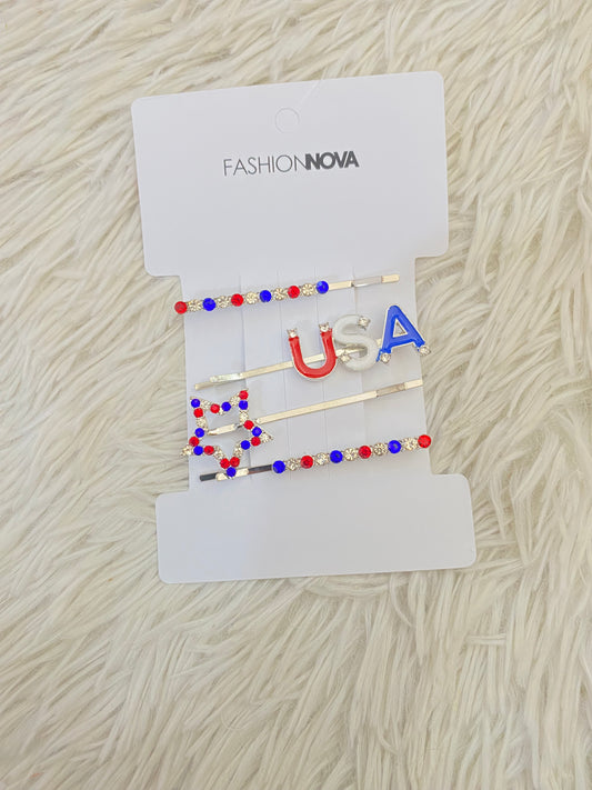 Pinchos Fashion Nova original, plateado con diseño de USA y colores de la bandera, de 4 piezas.