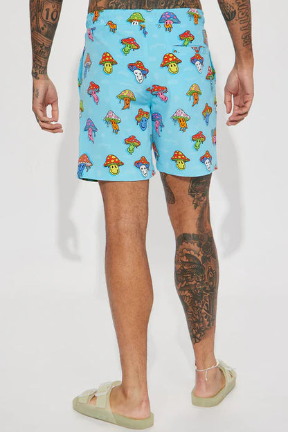 Bañador/Baggy, azul con estampado de hongos de colores.
