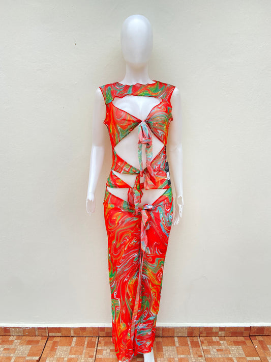 Vestido/ Cover Up, naranja con estampado en color verde y amarillo.